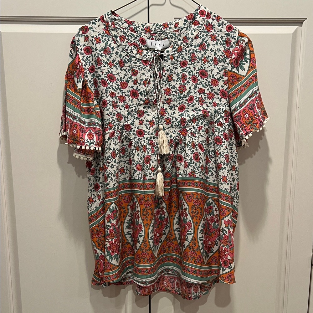 THML Cream Floral Tassel Babydoll Tunic with Orange & Red Border
